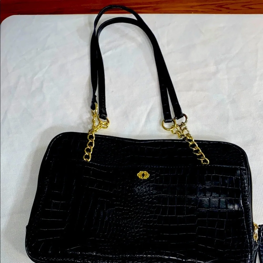 KATE LANDRY Elegant Black FAUX‎ Crocodile-Embossed Handbag. GOLD CHAIN ACCENT